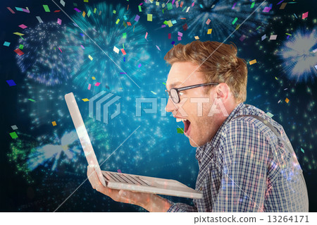 Composite image of geeky businessman using his laptop Composite image of geeky businessman using his laptop 13264171