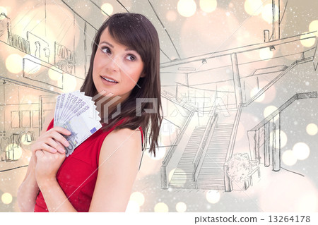Composite image of festive brunette showing fan of dollars Composite image of festive brunette showing fan of dollars 13264178