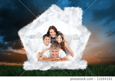 Composite image of happy familly looking at the camera Composite image of happy familly looking at the camera 13264181