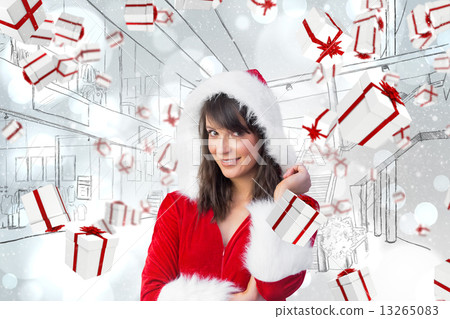 Composite image of pretty santa girl smiling at camera Composite image of pretty santa girl smiling at camera 13265083