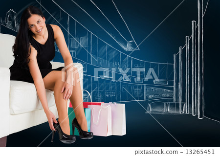 Composite image of woman sitting with shopping bags Composite image of woman sitting with shopping bags 13265451