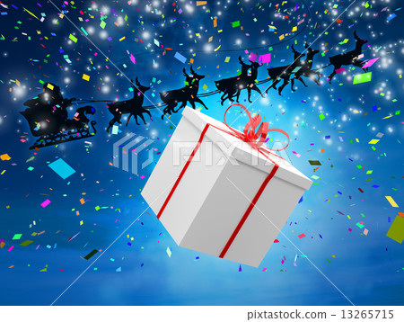 Composite image of santa flying his sleigh behind a big gift Composite image of santa flying his sleigh behind a big gift 13265715