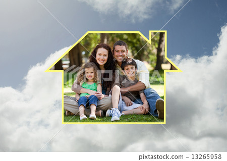 Composite image of happy family sitting in the garden Composite image of happy family sitting in the garden 13265958