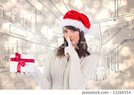 Composite image of festive brunette keeping a secret Composite image of festive brunette keeping a secret 13266554