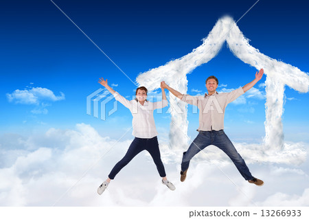 Composite image of couple jumping and holding hands Composite image of couple jumping and holding hands 13266933