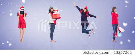 Composite image of festive brunette holding gift bags Composite image of festive brunette holding gift bags 13267263