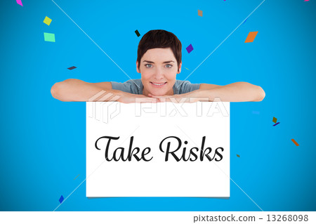 Composite image of serene woman relying on a blank panel Composite image of serene woman relying on a blank panel 13268098