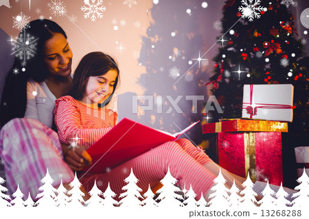 Composite image of mother and daughter waiting for santa claus Composite image of mother and daughter waiting for santa claus 13268288
