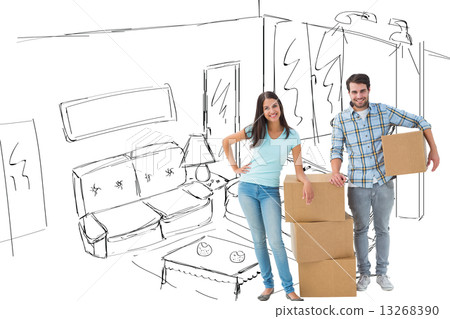 Composite image of attractive young couple with moving boxes 13268390