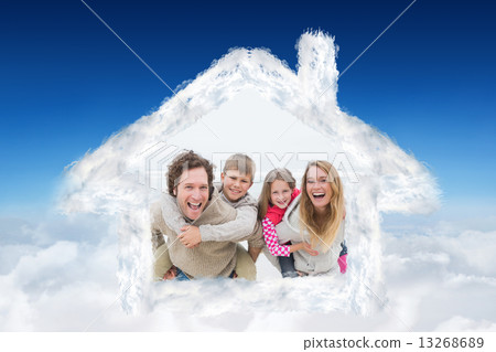 Composite image of couple piggybacking kids at the beach Composite image of couple piggybacking kids at the beach 13268689