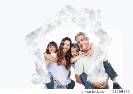 Composite image of smiling parents holding their children on bac 13269175