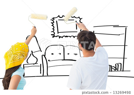 Composite image of happy young couple painting together Composite image of happy young couple painting together 13269498