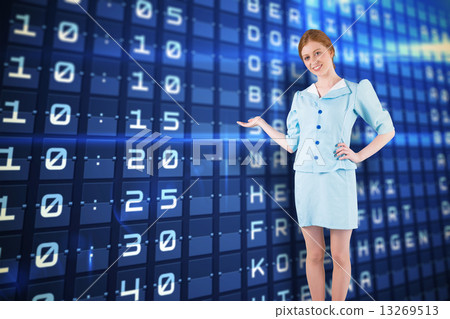 Composite image of pretty air hostess presenting with hand 13269513