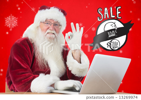 Composite image of santa is satisfied about what he found 13269974