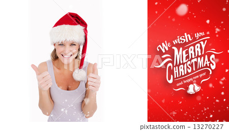 Composite image of portrait of a woman with the thumbs up and a 13270227
