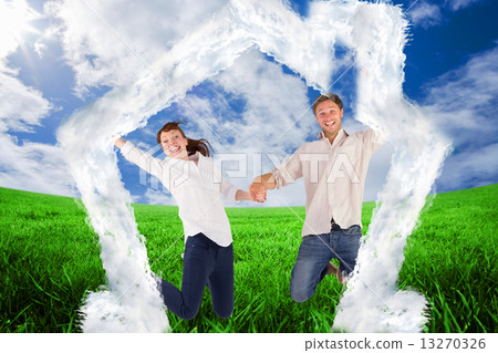Composite image of couple jumping and holding hands Composite image of couple jumping and holding hands 13270326