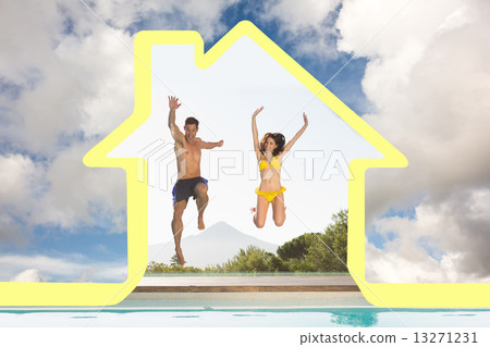 Composite image of cheerful couple jumping into swimming pool Composite image of cheerful couple jumping into swimming pool 13271231