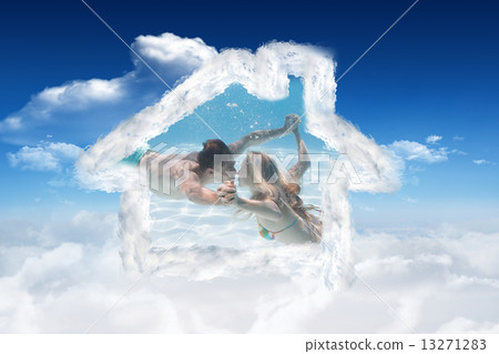 Composite image of cute couple kissing underwater in the swimmin Composite image of cute couple kissing underwater in the swimmin 13271283