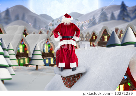 Composite image of santa on cottage roof 13271289