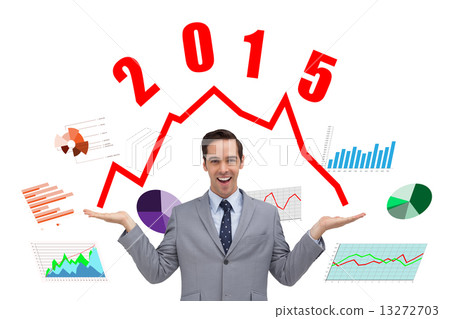 Composite image of smiling businessman presenting something with Composite image of smiling businessman presenting something with 13272703