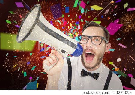 Composite image of geeky businessman shouting through megaphone Composite image of geeky businessman shouting through megaphone 13273092