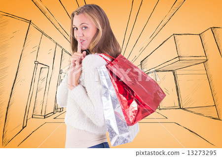 Composite image of pretty blonde keeping a secret holding bags 13273295
