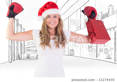 Composite image of festive blonde with boxing gloves and shoppin Composite image of festive blonde with boxing gloves and shoppin 13274439