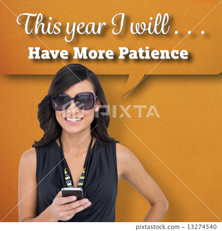 Composite image of happy brunette holding smartphone 13274540