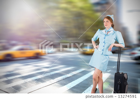 Composite image of pretty air hostess leaning on suitcase 13274591