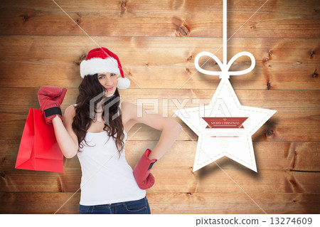 Composite image of beauty brunette in boxing gloves with shoppin Composite image of beauty brunette in boxing gloves with shoppin 13274609