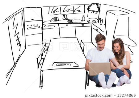 Composite image of young couple using laptop on floor Composite image of young couple using laptop on floor 13274869