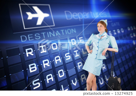 Composite image of pretty air hostess leaning on suitcase 13274925