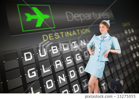 Composite image of pretty air hostess leaning on suitcase 13275055