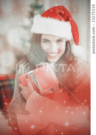 Composite image of festive brunette pressing gift at christmas Composite image of festive brunette pressing gift at christmas 13275319