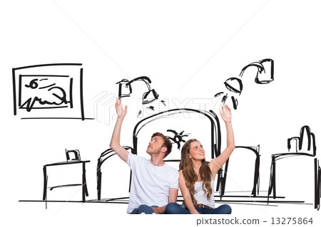 Composite image of happy young couple with hands raised Composite image of happy young couple with hands raised 13275864