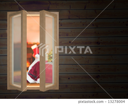 Composite image of santa sits leaned on his bag Composite image of santa sits leaned on his bag 13278004