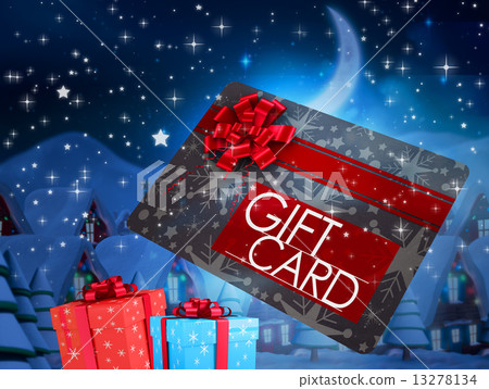 Composite image of flying gift card and presents 13278134