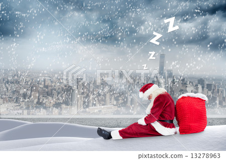 Composite image of santa sits leaned on his bag Composite image of santa sits leaned on his bag 13278963