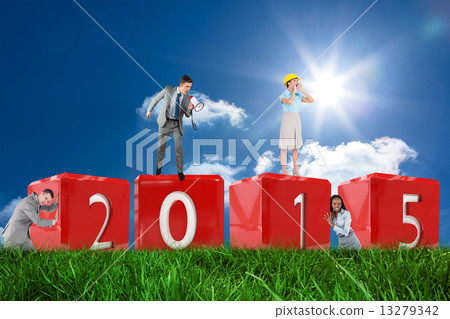 Composite image of portrait of a young businessman pushing a wal Composite image of portrait of a young businessman pushing a wal 13279342
