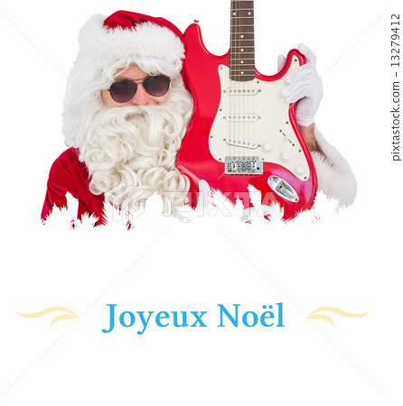 Composite image of cool santa showing electric guitar 13279412