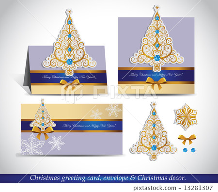 Greeting cards with golden ornate Christmas tree. - Stock Illustration ...