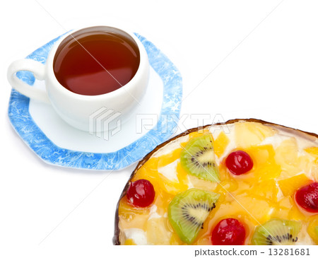 Pie fruit with cottage cheese and a cup of tea on a saucer Pie fruit with cottage cheese and a cup of tea on a saucer 13281681