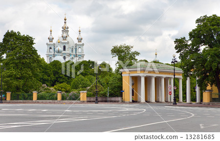 View on Smolnyi  cathedral (Smolny Convent) St. Petersburg through the square of Proletarian dictato 13281685