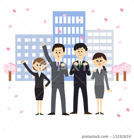 Office building with dancing cherry blossoms with young men and women in suit shape 13282659