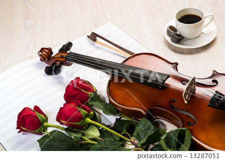Violin, rose, coffee and music books Violin, rose, coffee and music books 13287051