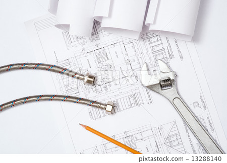 plumbing and drawings, construction still life plumbing and drawings, construction still life 13288140