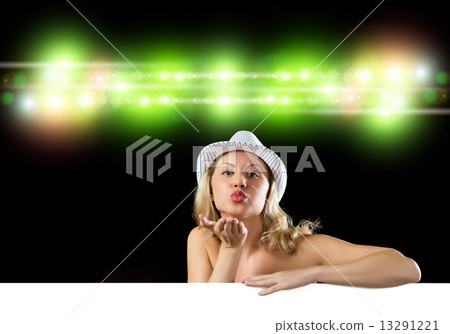 young attractive woman in bikini holding banner young attractive woman in bikini holding banner 13291221