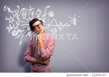 young man scientist with glasses thinking young man scientist with glasses thinking 13291317