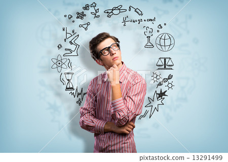 young man scientist with glasses thinking 13291499
