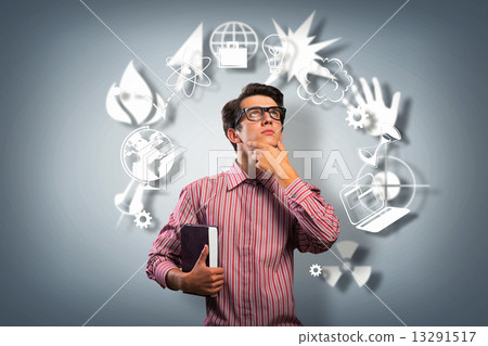 young man scientist with glasses thinking young man scientist with glasses thinking 13291517